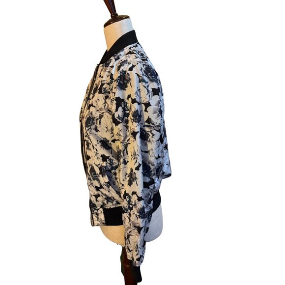 Forever 21 Floral Bomber Jacket – Black & White – Size S - Picture 3 of 5